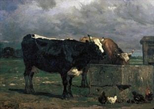 Constant Troyon, French, 1810-1865, Cattle at the Trough, 19th Century, oil on canvas, Unframed: 16