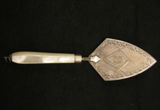 Unknown (American), Mason's Trowel, 1884, silver blade with mother-of-pearl handle, Overall: 6 1/2