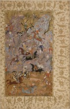 Islamic, Iranian, Manuscript Folio with a Hunting Scene, 1585/1590, Ink, colors and gold on paper,
