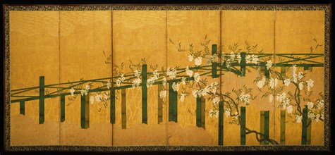 Unknown (Japanese), Blue and White Wisteria on a Bamboo Trellis, early 17th century, ink and color