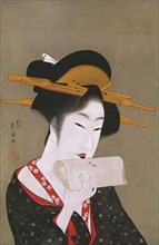 Utagawa Toyokuni I, Japanese, 1769-1825, Beauty Blotting Her Lip Rouge, ca. between 1800 and 1805,