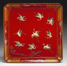 Ryukyuan, Japanese, Tray with Design of Cranes in Flight, 17th Century, Lacquer, wood,