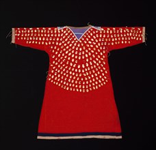 Crow, Native American, Dress, between 1890 and 1900, red stroud, bone pendants (in imitation of elk