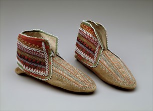 Iroquois, Native American, Moccasins, ca. 1830, buckskin, wool, cotton, glass beads, porcupine