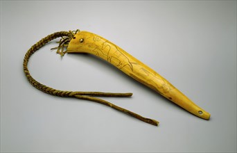 Osage, Native American, Quirt, ca. 1850, engraved elk antler, buffalo rawhide, and brass tacks,
