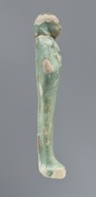 Shabti, mummy-shaped figurine, funerary gift, hoes; standing on a base, back supported by a