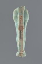Shabti, Mummy-shaped figurine, funerary offering, standing on a base; head missing. A narrow,