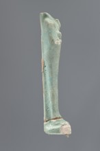 Shabti, Mummy-shaped figurine, standing on a base; head missing. A narrow, slightly convex pillar