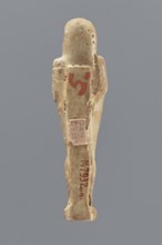 Shabti, Mummy-shaped figurine, standing on a base, back supported by a pillar/pilaster. Arms