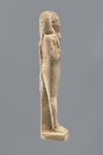 Shabti, Mummy-shaped figurine, standing on a base, back supported by a pillar/pilaster. Arms