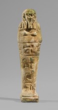 Ushabti, Mummy-shaped funerary figurine, standing on a base and supported at the back by a flat,