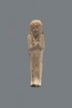 Shabti, mummy-shaped figurine, funerary gift, hoes; made carelessly, impressed in a mold. Hands