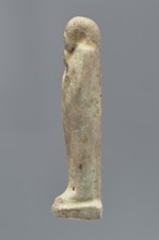 Ushabti, mummy-shaped figurine, funerary gift; standing on a base, back supported by a narrow flat