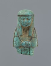Ushabti, Mummy-shaped figurine, preserved upper fragment from the waist up. Arms crossed on the