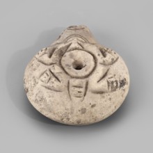 Lamp, Oil lamp with a circular container and a slightly forward burner. Decorated on the top with a