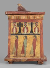 Canopic box with the falcon Sokaris on the roof;, falcons, djed pillars, tit iconography; naos;
