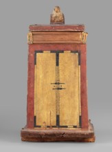 Canopic box with the falcon Sokaris on the roof; falcons, djed pillars, tit iconography; naos;