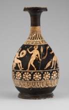 Red-figure bottle with a scene of the punishment of Marsyas;, Between ornamental bands on the lower