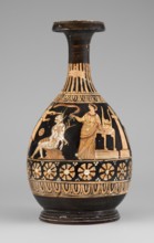 Red-figure bottle with a scene of the punishment of Marsyas, Between the ornamental bands covering