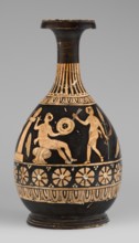 Red-figure bottle with a scene of the punishment of Marsyas, red-figure Greek pottery, 330–310 BC.