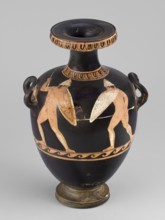 Red-figure hydria with a combat scene, Laghetto-Caivano Group c. 340–320 BC; Duel Painter 340–330
