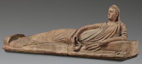 Sarcophagus lid, The deceased in a semi-reclining position, resting his left forearm on a pillow
