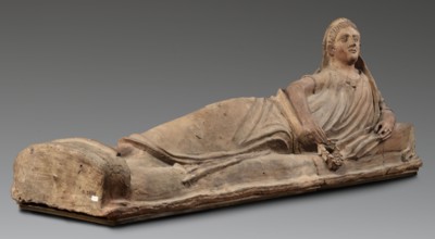 Sarcophagus lid, The deceased is shown in a semi-reclining position, resting his left forearm on a