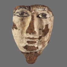 Sarcophagus mask with a small neck fragment, painted cream. Eyes highlighted with black paint.