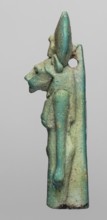 Figurine amulet of the goddess Sachmet lion-headed, possibly Bastet?, wearing a tripartite wig and