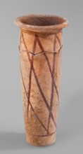 Cylindrical vessel with crosshatched decoration, painted ceramic with engraved decorations and