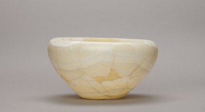 Bowl, large stone bowl with a small flat bottom, slightly flared side walls at the top bent inwards
