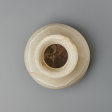 Vessel, globular vessel with a short, wide neck and a large upturned spout, with a flattened