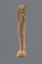 Ushabti, Mummy-shaped figurine standing on a base with a pilaster at the back. Arms crossed on the