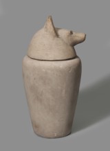 Canopic jar with a jackal's head, canopic jar, jackals, Duamutef mythology. The vessel widens