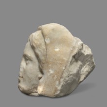 Head of a woman wearing a veil. The face is oval with regular features: rounded chin, small compact