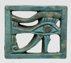 Amulet — Eye of Horus. Openwork Eye of Horus in a rectangular frame; iris and eyebrow black, the