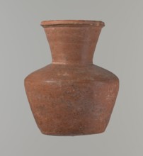 Vessel, Medium-sized clay jug with a biconical body, widest at about half its height. Wide