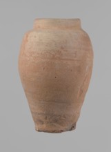 Vessel, beer jug of slightly irregular conical shape with a wide, very short neck and flat bottom;