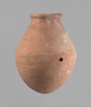 Vessel, Egyptian ceramic vessel with an ovoid belly, a wide short neck and a rounded bottom;