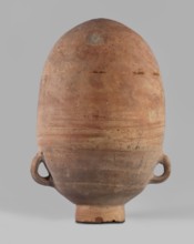 Vessel, Storage vessel amphora with an ovoid body, rounded bottom, and short cylindrical neck.