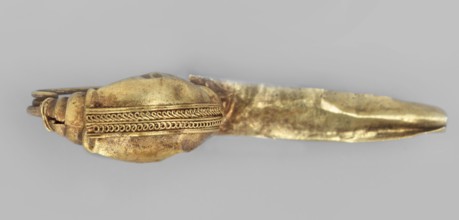 Leech fibula with an elongated stem. Brooch, goldsmithery; leech fibula with a long sheath. The
