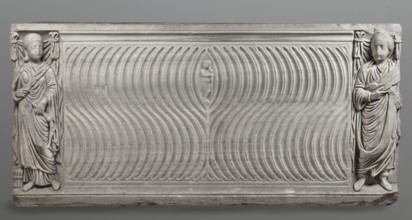 Sarcophagus with a depiction of a married couple and a shepherd, unknown Roman workshop. A large