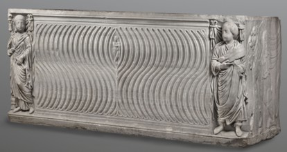 Sarcophagus with a depiction of a married couple and a shepherd, unknown Roman workshop. A large