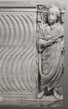Sarcophagus with a depiction of a married couple and a shepherd, unknown Roman workshop. A large