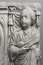 Sarcophagus with a depiction of a married couple and a shepherd, unknown Roman workshop. A large