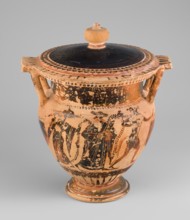 Column krater with lid, unknown Attic workshop. Black-figure krater with lid. Red clay, tinted with