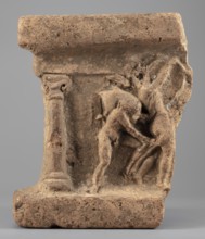Fragment of an arula home altar depicting a satyr with a wineskin and a maenad with a drum;, Satyr