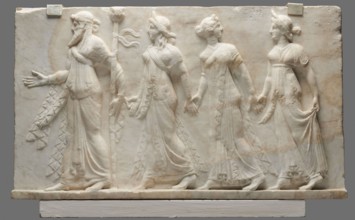 Relief with Dionysus and the Horae, unknown Roman workshop. Rectangular slab cracked in several