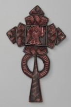 Processional cross, Ethiopian workshop. At the intersection of the cross's arms is a square