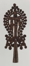 Processional cross, Ethiopian workshop. The pear-shaped frame depicts Christ on the cross with John